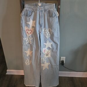 POL Blue Wide Leg Pants with Patchwork Design